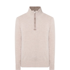 Profuomo beige wool half-zip jumper with contrast striped inner collar and silver zip detail