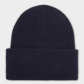 Profuomo navy cashmere ribbed-knit beanie hat with wide folded cuff, one size