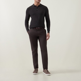 Model wearing Profuomo Dark Brown wool long-sleeve polo, styled with dark trousers, brown belt, and grey slip-on shoes.