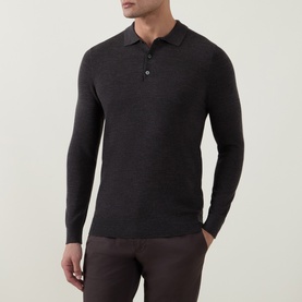 Model wearing Profuomo dark brown wool long-sleeve knit polo with three-button placket, styled with brown trousers.