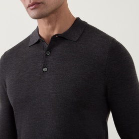 Model wearing Profuomo dark brown wool knit polo shirt, close-up showing ribbed collar and three-button placket