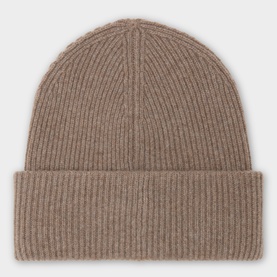 Profuomo Dark Beige 100% cashmere ribbed knit beanie hat with folded cuff, one size