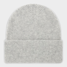 Profuomo grey 100% cashmere ribbed beanie hat with wide folded cuff, one size