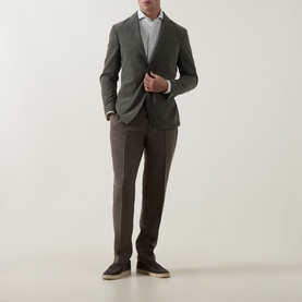 Model wearing Profuomo Dark Green Single Cuff Regular shirt, styled with olive blazer, brown trousers, and suede desert boots.