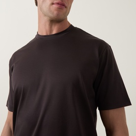 Model wearing Profuomo Solid Logo Pima T-Shirt in brown, short sleeves and crew neck, 100% cotton.