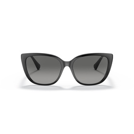 Black cat-eye sunglasses with gradient grey lenses and wide temples, front-facing product view