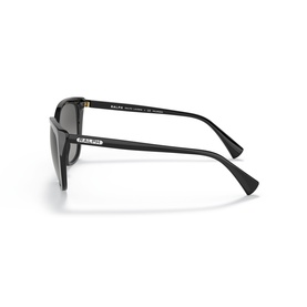 Ralph Lauren sunglasses in black with slim temples, gold-tone hinge detail, and dark grey lenses, side profile view