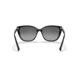 Black square-frame sunglasses, rear view showing grey gradient lenses and gold-tone temple detail