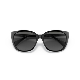 Black oversized cat-eye sunglasses with dark grey lenses and glossy acetate frame, shot on white background
