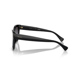 Ralph black sunglasses, side profile view showing temple arm with gold-tone branding and dark gradient lens