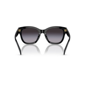 Ralph black sunglasses, cat-eye frame with gradient grey lenses and gold-tone temple embellishments, rear three-quarter view.