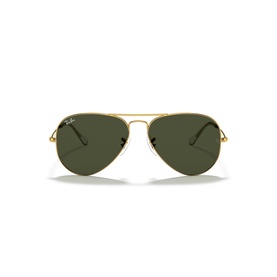 Ray-Ban aviator sunglasses with gold-tone metal frame and dark green lenses, front view