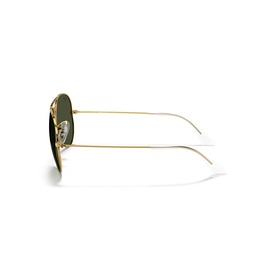 Ray-Ban aviator sunglasses with gold metal frames and dark green lenses, shown from the side