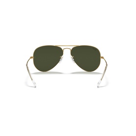Ray-Ban aviator sunglasses, rear view showing gold metal frame, green lenses, and white temple tips