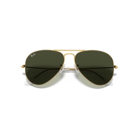 Ray-Ban aviator sunglasses with gold metal frame, double bridge, and dark green lenses, shot on white background