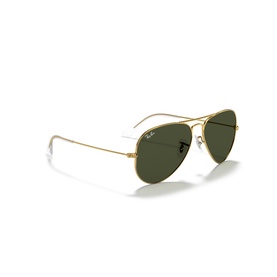 Ray-Ban aviator sunglasses with gold metal frame, green lenses, and slim nose bridge, shown at three-quarter angle