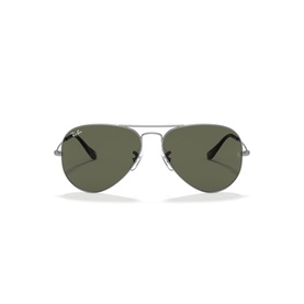 Ray-Ban aviator sunglasses with silver metal frame, green lenses, and slim temple arms, front-facing view