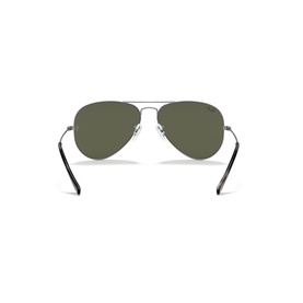 Ray-Ban aviator sunglasses in silver metal frame with dark green mirrored lenses, shown from rear angle