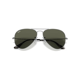 Ray-Ban aviator sunglasses with silver metal frame, double bridge, and dark green lenses, shot flat on white background