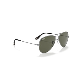 Ray-Ban aviator sunglasses with silver metal frame, dark green lenses, and black temple tips, angled three-quarter view