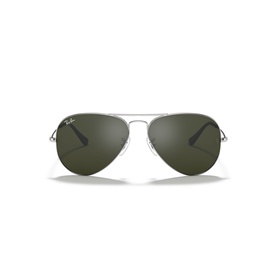 Ray-Ban aviator sunglasses in silver with slim metal frame, double bridge, and dark green lenses, front-facing view