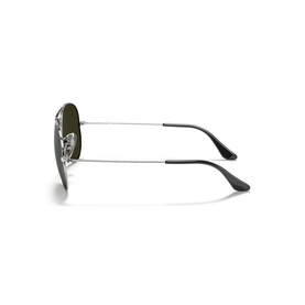 Ray-Ban silver sunglasses, side profile view showing slim metal temples with dark plastic tips and green lenses