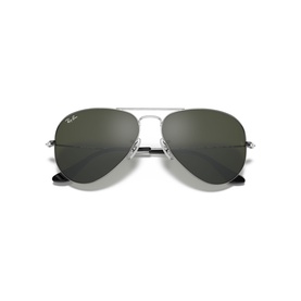 Ray-Ban silver aviator sunglasses with mirrored green lenses, double bridge, and silver metal frame, front view