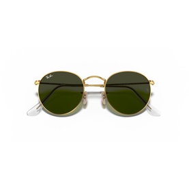 Ray-Ban round metal sunglasses with gold frames and green lenses, folded flat on white background