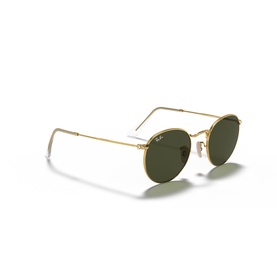 Ray-Ban round sunglasses with gold metal frame and green lenses, angled three-quarter view