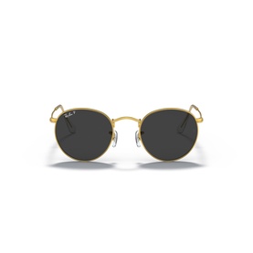 Ray-Ban round sunglasses with gold metal frame and dark grey lenses, front-facing view