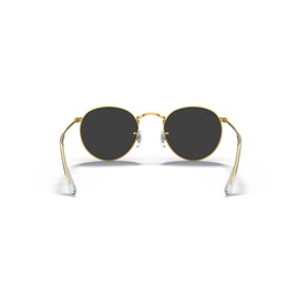 Ray-Ban round sunglasses, gold metal frame with dark lenses, shown from rear angle highlighting temples and nose pads
