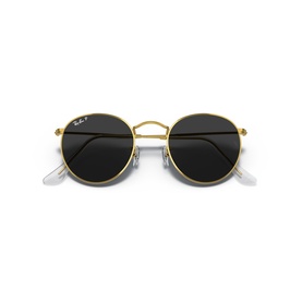 Ray-Ban round sunglasses with gold metal frames and black lenses, clear nose pads, folded flat view