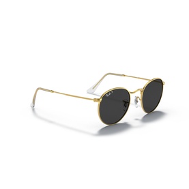 Ray-Ban round sunglasses with gold metal frame and dark grey lenses, angled three-quarter view
