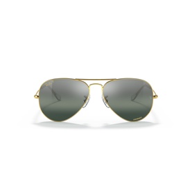 Ray-Ban aviator sunglasses with gold metal frame and dark green lenses, front view