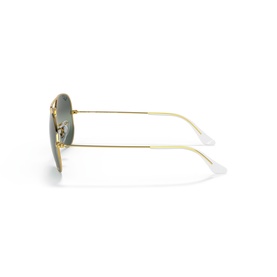 Ray-Ban aviator sunglasses with gold metal frame, green lenses, and white nose pads, side profile view