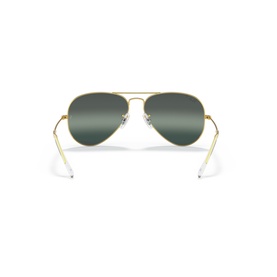 Ray-Ban aviator sunglasses, gold metal frame with green-grey lenses, shown from rear angle revealing temple arms and nose pads