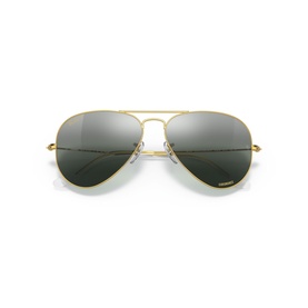 Ray-Ban aviator sunglasses with gold metal frame, double bridge, and dark green polarised lenses, shown flat lay