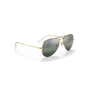 Ray-Ban aviator sunglasses with gold metal frame, silver-green mirrored lenses, and slim temple arms