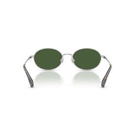 Polo Ralph Lauren silver oval sunglasses, rear view showing green lenses and slim metal temples with dark tips