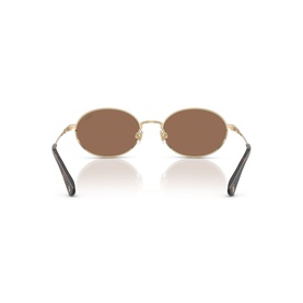 Polo Ralph Lauren gold oval sunglasses, rear view showing brown lenses, slim gold frame, and black temple tips.