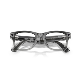 Transparent grey square-frame glasses with thick acetate frame, viewed from above showing full frame and folded temples