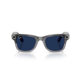Ray-Ban smart sunglasses in transparent grey with blue lenses, square frame, silver-tone hinges, front-facing view