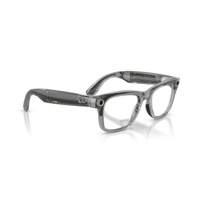 Ray-Ban Polar smart glasses in transparent grey, square frames with tech-integrated arms, clear lenses, angled product view