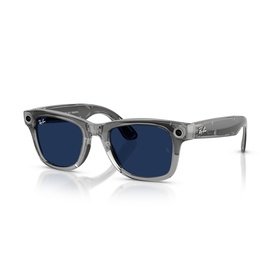 Ray-Ban Polar sunglasses in grey, square wayfarer-style frames with blue tinted lenses and translucent grey temples