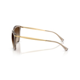 Side profile view of sunglasses with translucent brown gradient frames, gold-tone temples, and brown gradient lenses