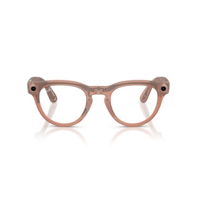 Ray-Ban Polar smart glasses in pink, round transparent frames with built-in camera and speaker modules on temples