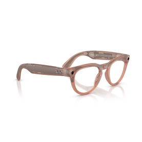 Ray-Ban Polar smart glasses in transparent pink, round cat-eye frames with chunky temples, three-quarter angle view