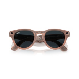 Ray-Ban Polar sunglasses in pink, round frames with dark grey lenses and black temple tips, folded flat view