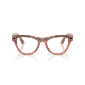 Ray-Ban Polar pink transparent cat-eye smart glasses frames, front view showing small camera lens on right temple