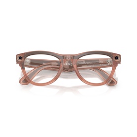 Ray-Ban Polar pink transparent round eyeglass frames, front view folded flat, showing full frame and temples